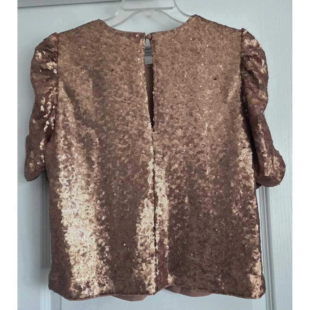 Abercrombie Fitch Rose Gold Sequin Puff‎ Sleeve Top Womens Sz M Party New Years